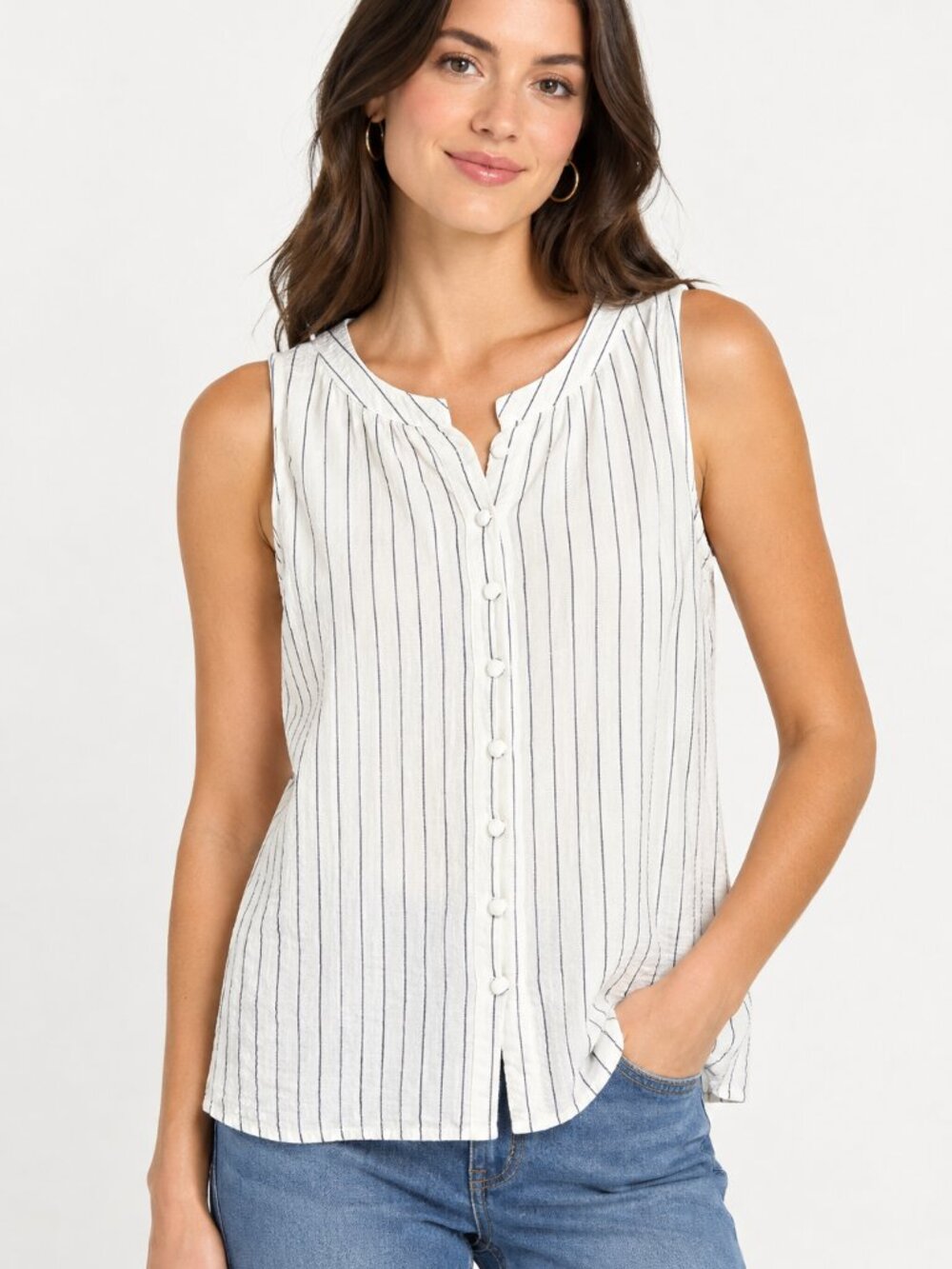 a new day Sleeveless Striped Button-Front Women’s Top - White/Navy Size Small